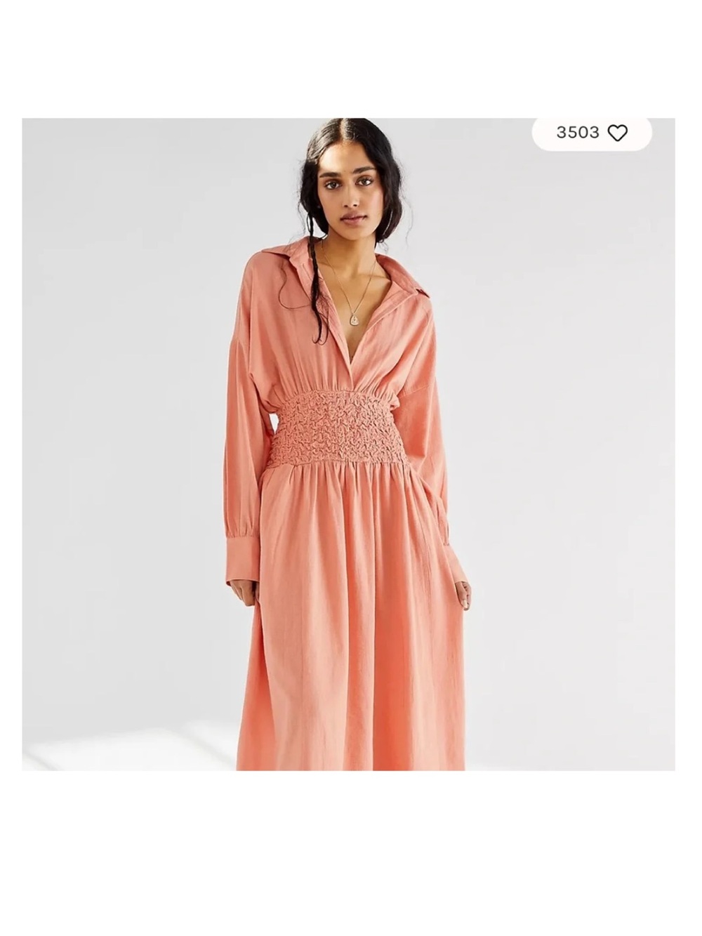 Free People Coral Smocked-Waist Midi Shirt Dress - Picture 2 of 8